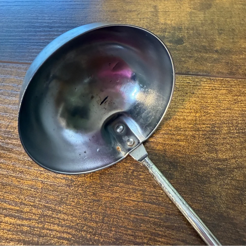 Vintage Ladle Stainless with White Plastic Handle 10” X ‎ 3” Retro Serving Spoon